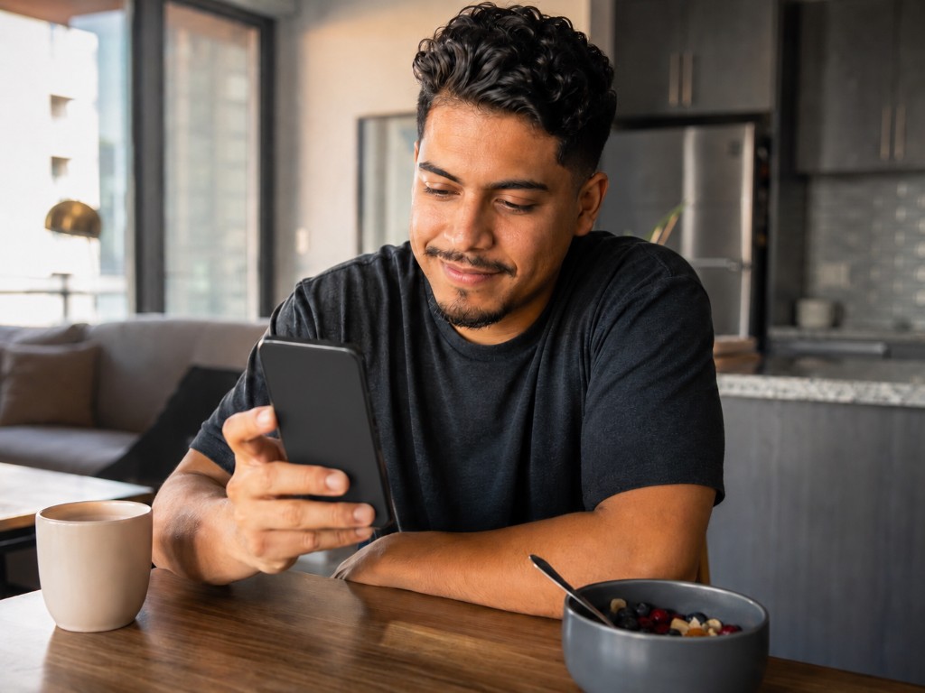 Adulto joven revisando sus finanzas en su tel�éfono en casa