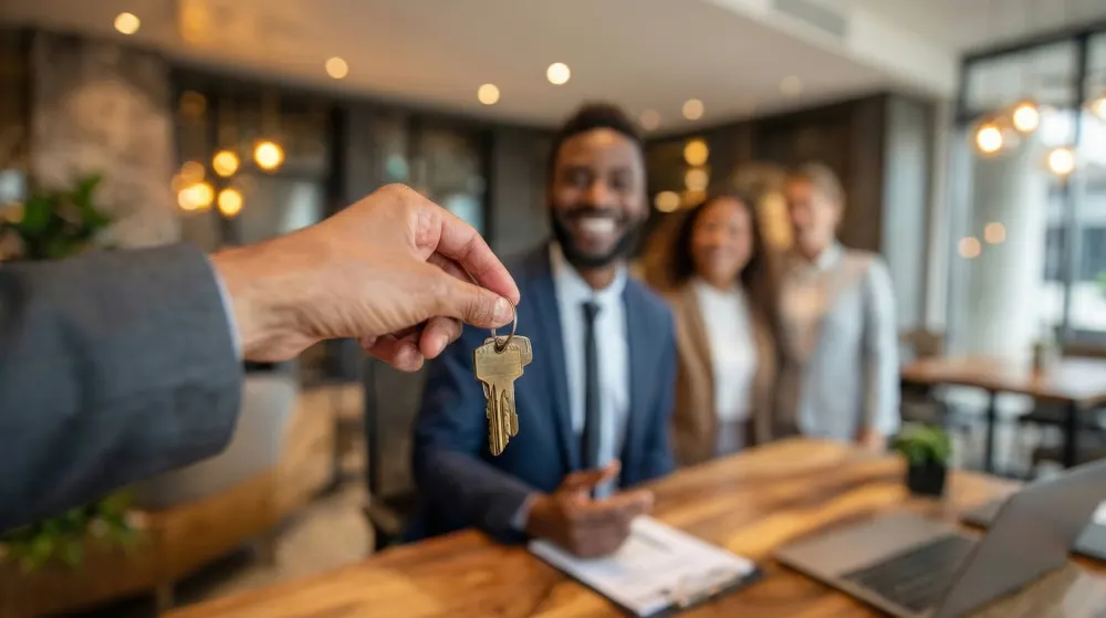 Administrador de propiedad entregando las llaves de un nuevo apartamento