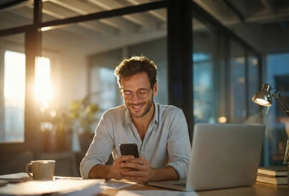 Hombre sonriendo al ver su puntaje de crédito mejorado en su teléfono