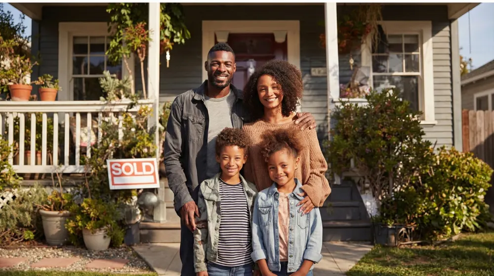 Familia feliz frente a su nueva casa con un letrero de VENDIDO
